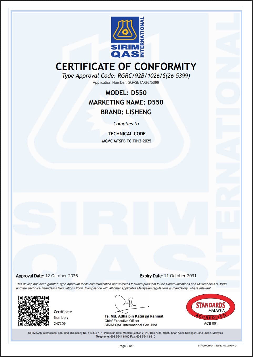 LiSheng D550 SIRIM certificate of conformity, page 2