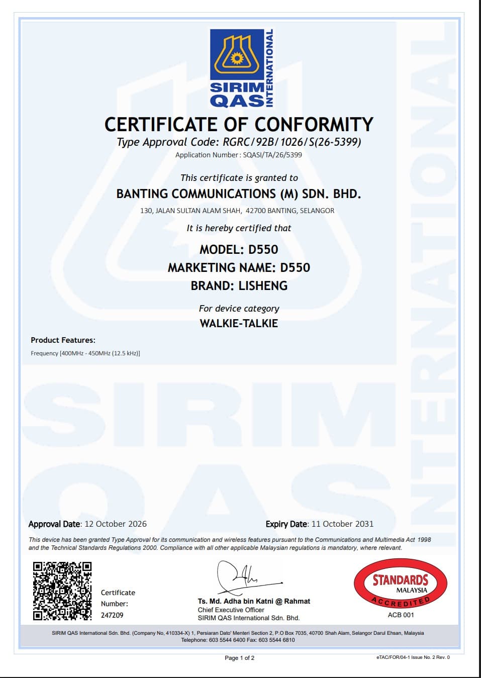 LiSheng D550 SIRIM type approval certificate for Banting Communications, page 1