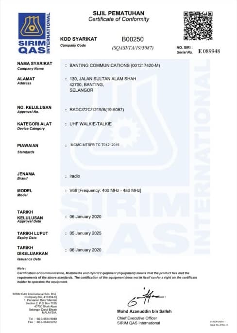 V68 SIRIM Certification