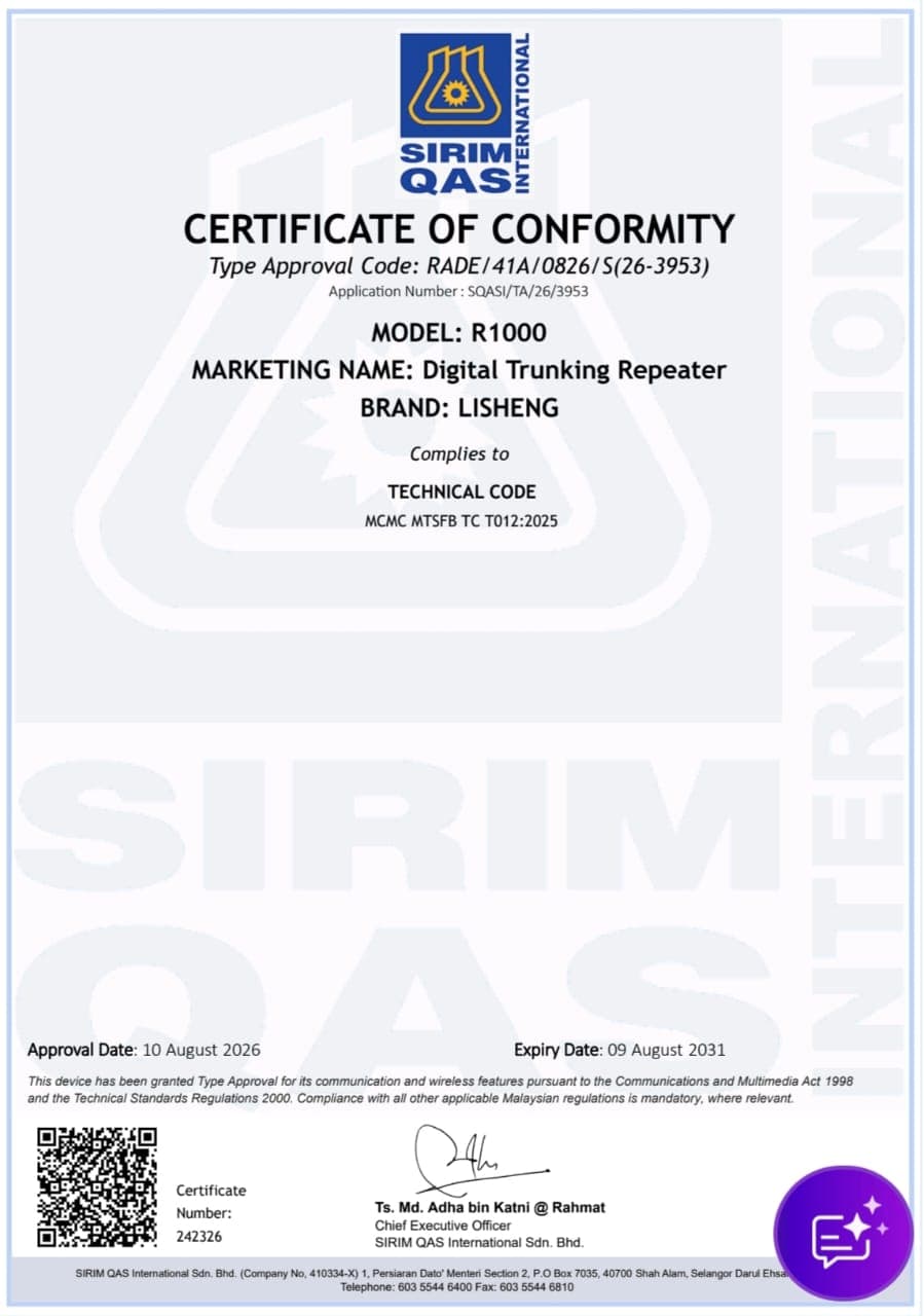 Lisheng R1000 SIRIM certificate of conformity