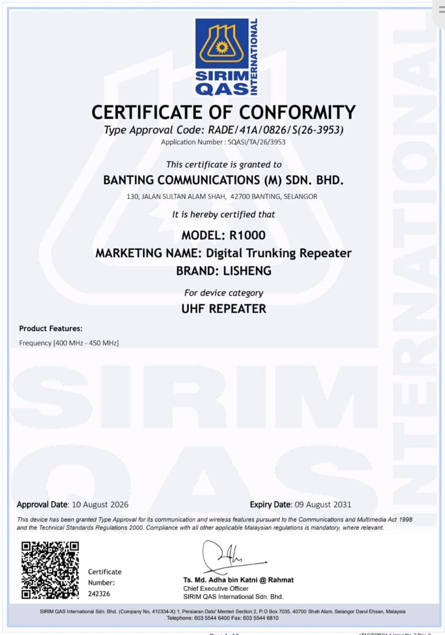 Lisheng R1000 SIRIM type approval certificate